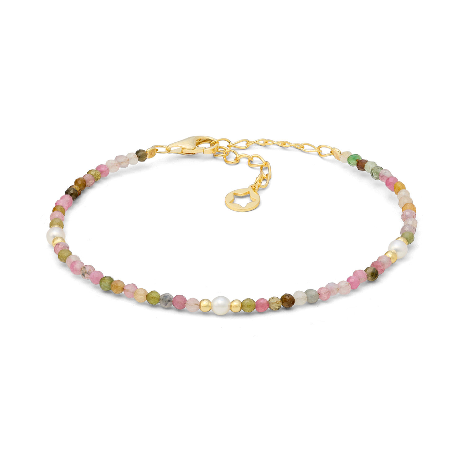 Bracciale donna Comete Gioielli con tormalina multicolor, argento giallo e perle, perfetto come regalo portafortuna