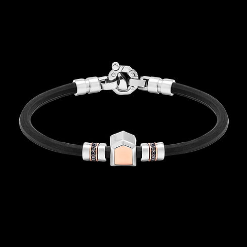 Men’s two-tone gold bracelet with black diamonds and rubber, featuring a central shield-shaped element from the Honor collection, an expression of contemporary luxury made in Italy by Barakà