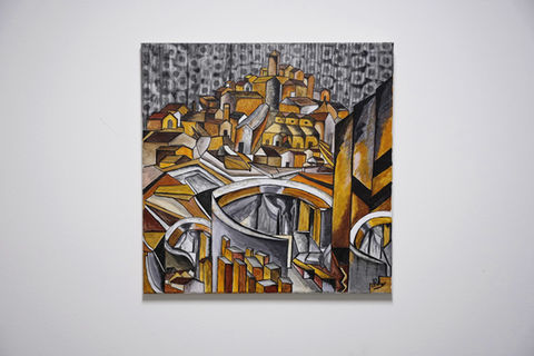 Pair of modern decorative paintings with natural colors in hotel environment