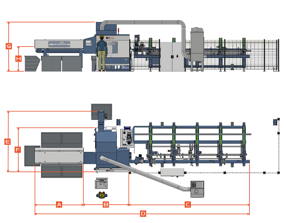 Vista quotata della segatrice industriale Simax150 Simec. Schema tecnico completo con ingombri e sezioni modulari