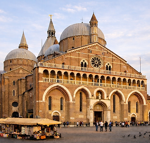 facade of the Basilica of Saint Anthony in Padua with visitors in the square near Hotel Maritan Padua