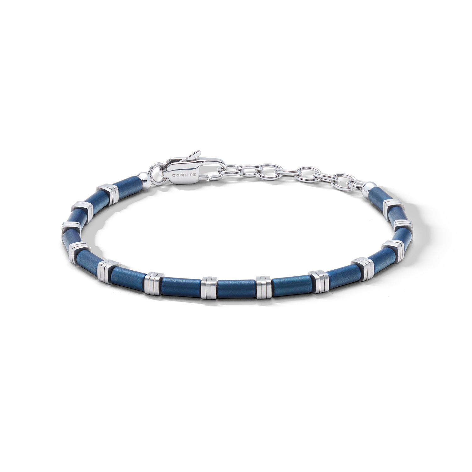 Bracciale uomo in acciaio con ematite blu di Comete Gioielli. Perfetto come regalo portafortuna elegante