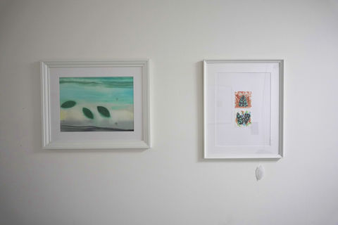 Detail of minimalist framed artworks in the hotel corridors