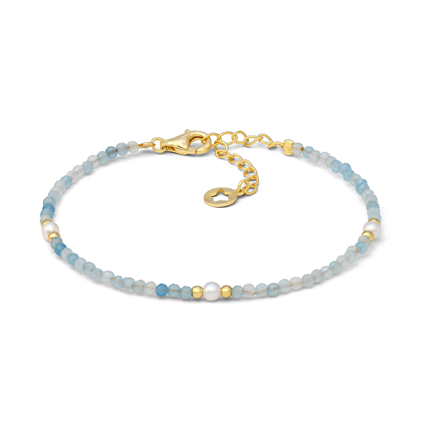Bracciale donna Comete Gioielli con acquamarina naturale, argento giallo e perle, perfetto come regalo portafortuna