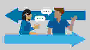 Graphic image of two characters communicating back and forth.