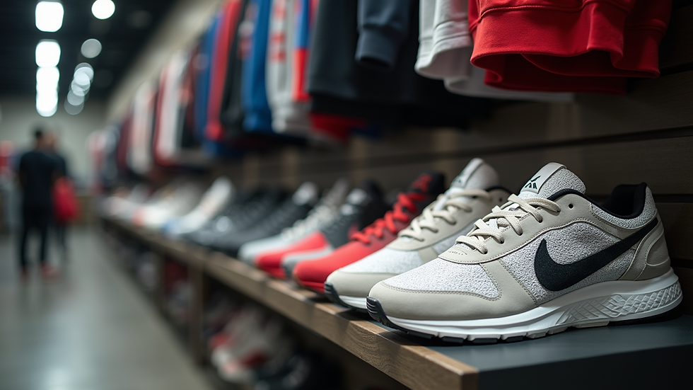 Close-up view of athletic shoes and apparel on display