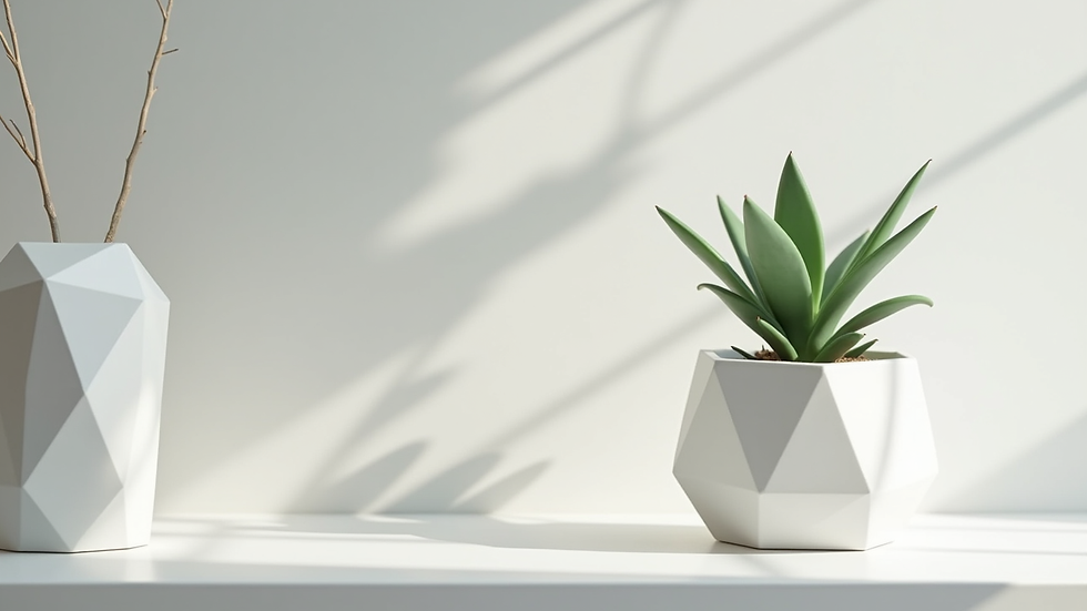 Eye-level view of a 3D-printed geometric planter on a white shelf