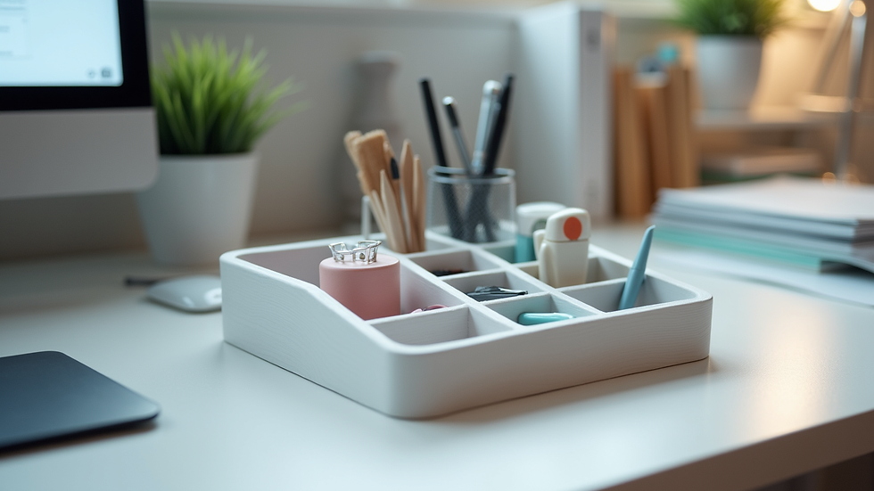 High angle view of a 3D-printed desk organizer with compartments for office supplies