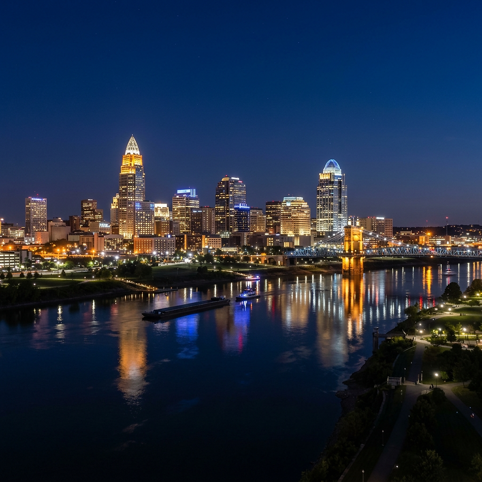 Night photography of a vibrant city skyline reflected in a wide river at dusk. The urban panorama features an illuminated bridge and city lights shimmering on the water.