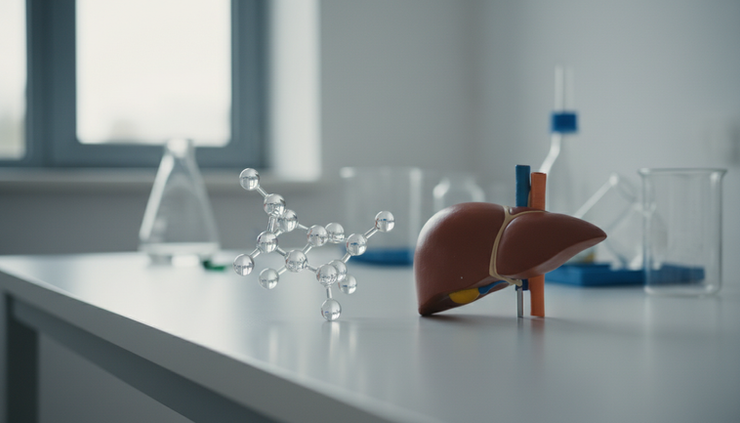 Close-up view of a transparent molecular model beside a liver anatomy model