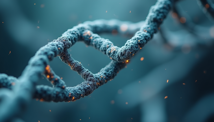 Close-up view of a DNA strand model representing genetic mutation