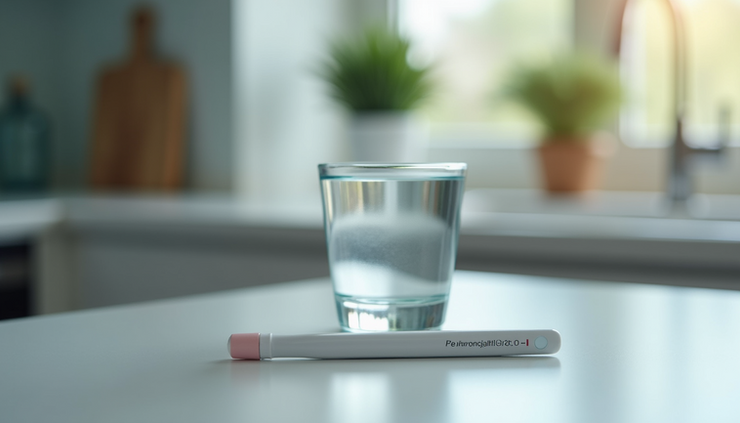 Close-up view of a glass of water and a breath test kit on a kitchen counter