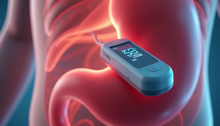 Close-up view of a pH monitoring device attached to the esophagus