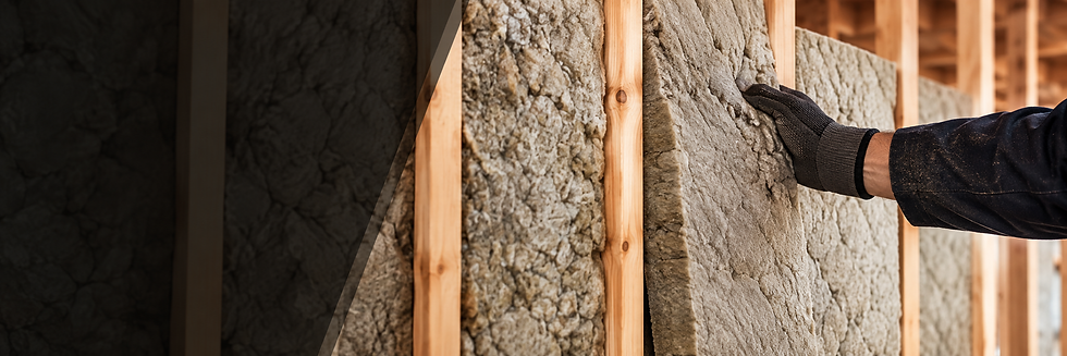 Mineral wool insulation being installed between wood wall studs.
