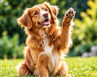Happy dog raising a paw during Tricks for Kicks dog training class