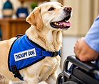 Labrador wearing a therapy dog vest visiting with a person during therapy dog training