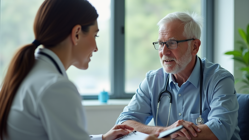 Eye-level view of a healthcare professional discussing options with an older adult
