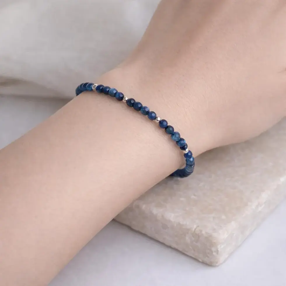 Model Wearing 3mm Dainty Dark Blue Kyanite Stacking Stretch Bracelet