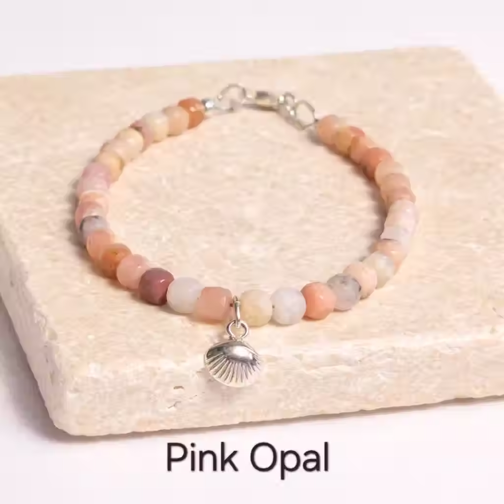Pink Opal Sterling Silver Shell Charm Bracelet