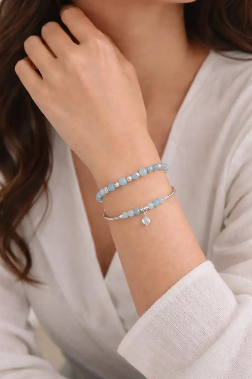 Thumbnail: Aquamarine Sterling Silver Charm Stretch Bracelet Set