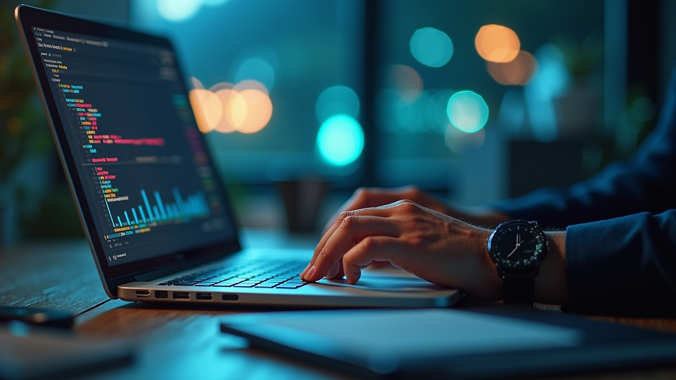 Eye-level view of a cybersecurity consultant analyzing risk assessment data on a laptop