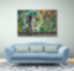 Home interior with light blue couch and colorful peace signs grafitti on wall