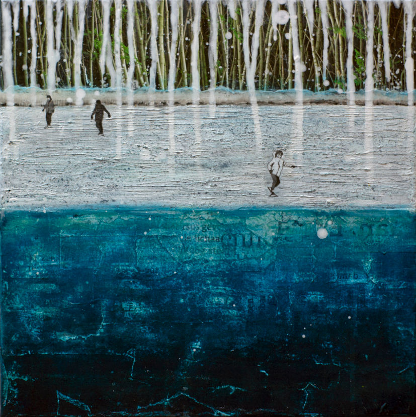 painting of three skating children on natural ice with deep blue water underneath and birch trees in background