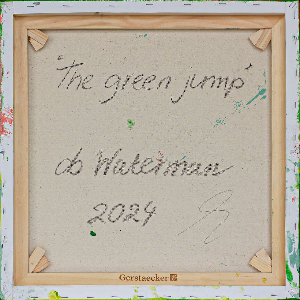 Thumbnail: Back of square canvas THE GREEN JUMP with wooden frame and db Waterman signature