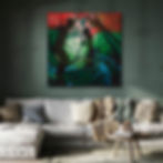 Painting of two girls playing in the rain, behind large green, blue and red transparent leaves, on dark green wall