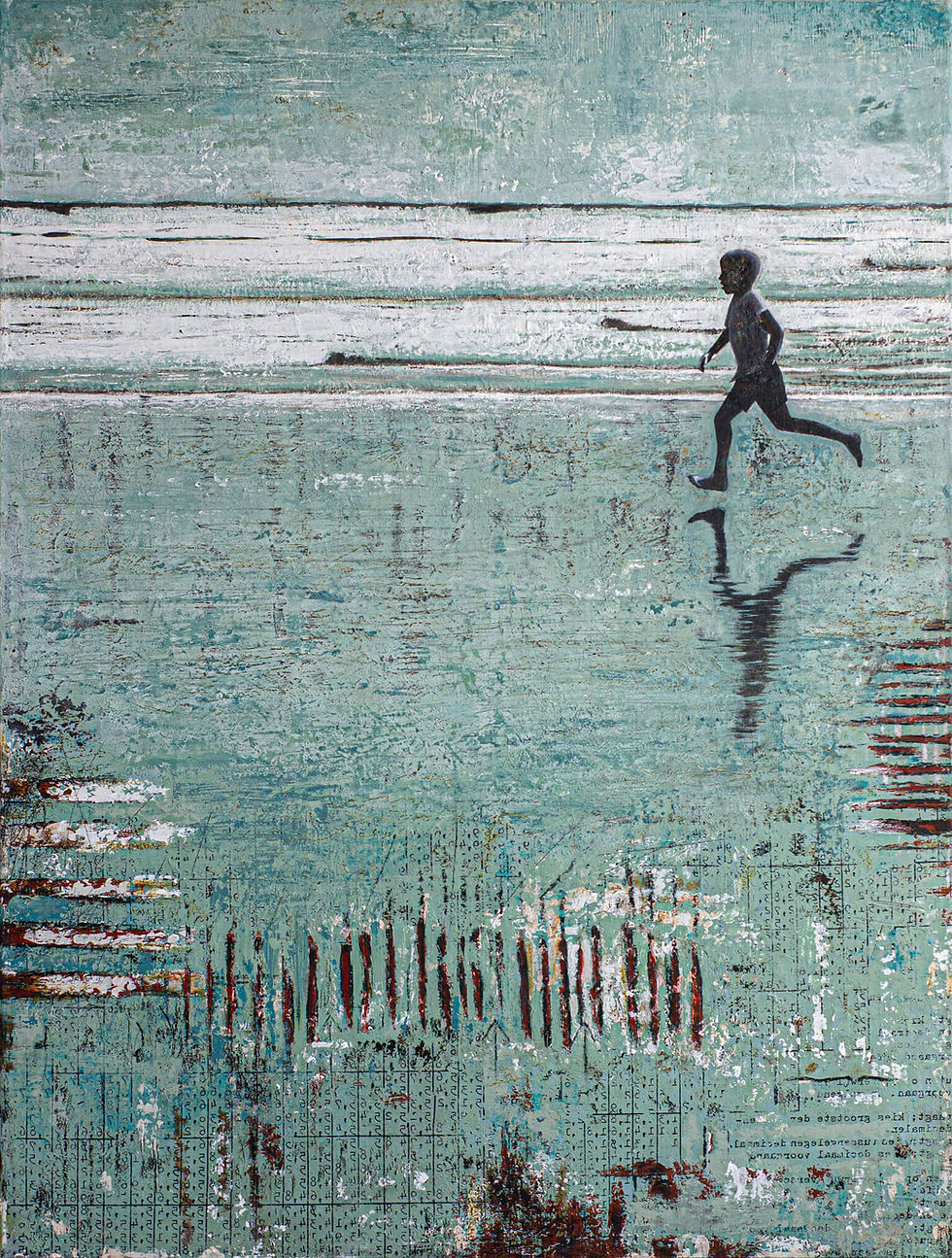 Vertical abstract textured beach landscape in green, brown, white, and black, featuring a running boy, letters, and numbers.