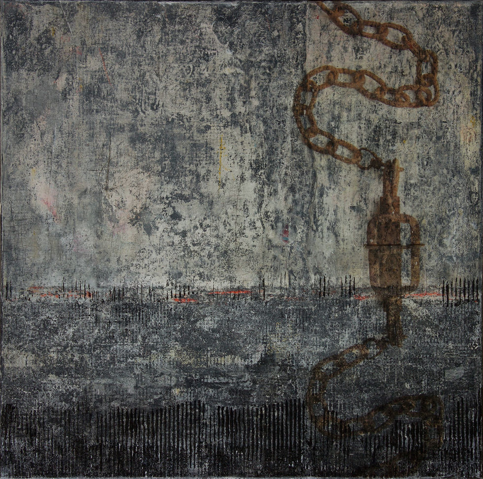 Thumbnail: Dark grey mixed media painting with texture and a rusty chain