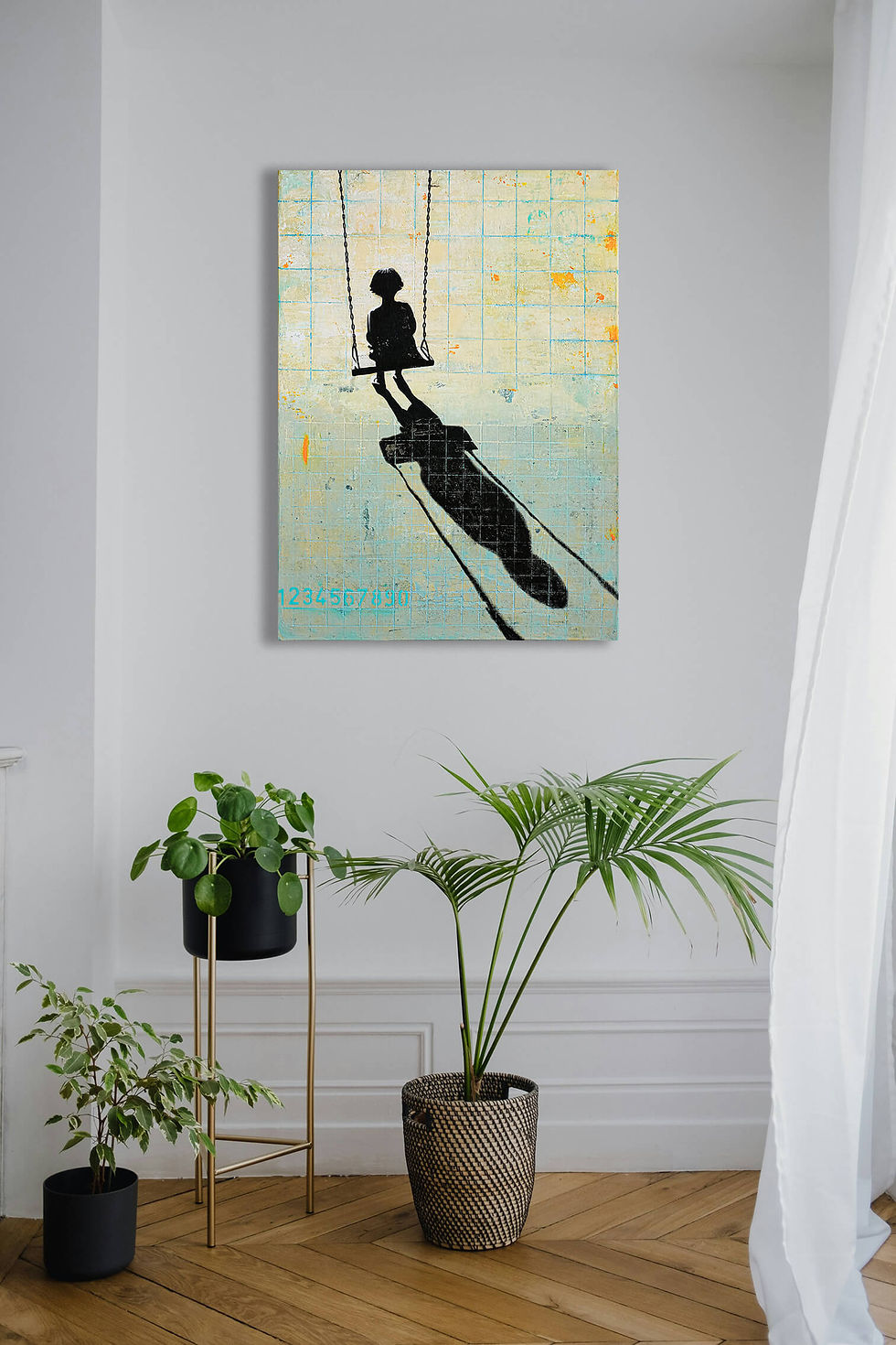Artwork on white wall about girl’s silhouette on swing, making black shadow on weathered yellow and light blue floor