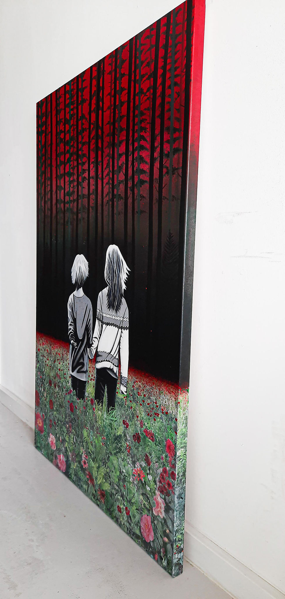 Thumbnail: Right side of painting of two girls in black and white walking hand in hand trough red meadow towards green woods