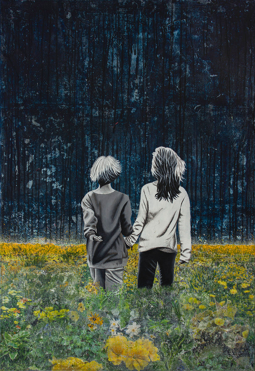 Two girls painted in black and white walking hand in hand trough yellow meadow towards dark blue forest