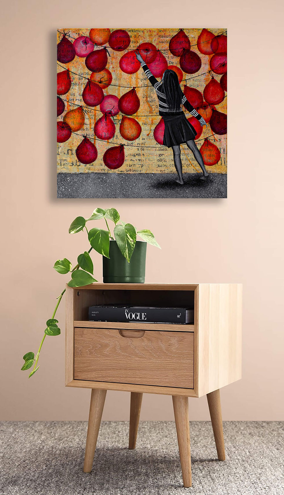 Thumbnail: canvas on yellow wall above cupboard showing monochrome girl hanging red pink and orange balloons on peach wall