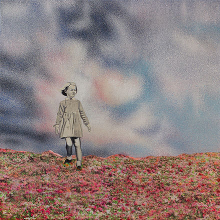 vintage girl walks in a pink orange red flower meadow with blue grey pink thunderclouds above her