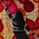 Thumbnail: Back and head of monochrome girl hanging red pink orange balloons on yellow wall