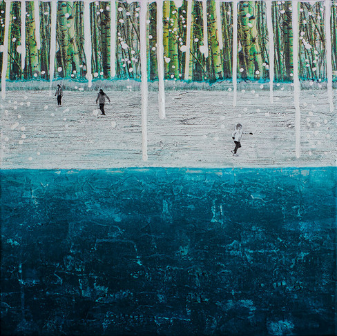 monochrome children skating on grey natural ice with deep blue water underneath and birch trees in background