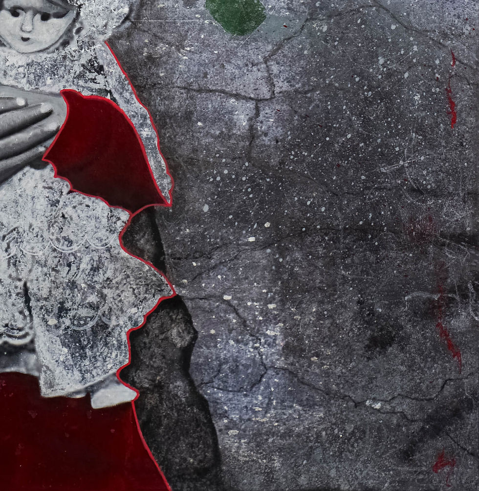 Thumbnail: part of red dress and dolls white dress against gray concrete