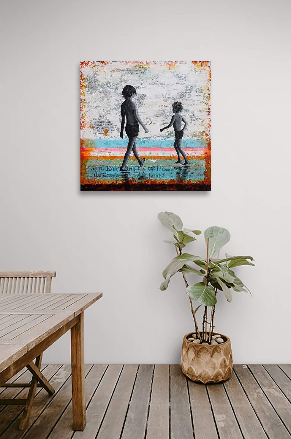 Thumbnail: Above wooden table and chairs hangs square canvas showing two boys on beach in strips of old boats paint under white sunlight