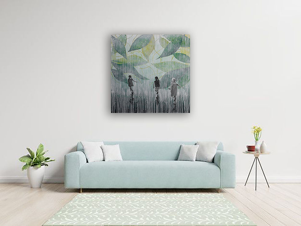 Thumbnail: Interior wall art above green couch, of three children painted in black and white, running in the rain under green leaves