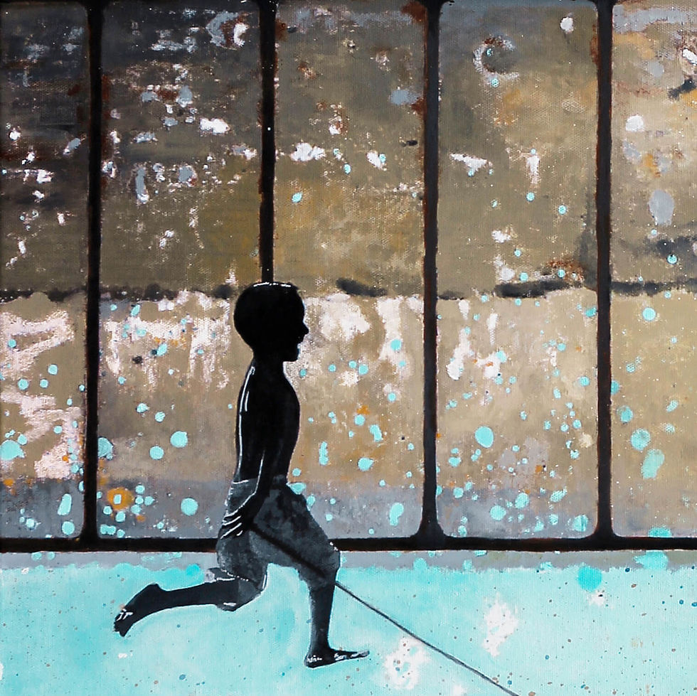 Thumbnail: abstract image of brown beige surface , black rectangular fence and boy running in front of it