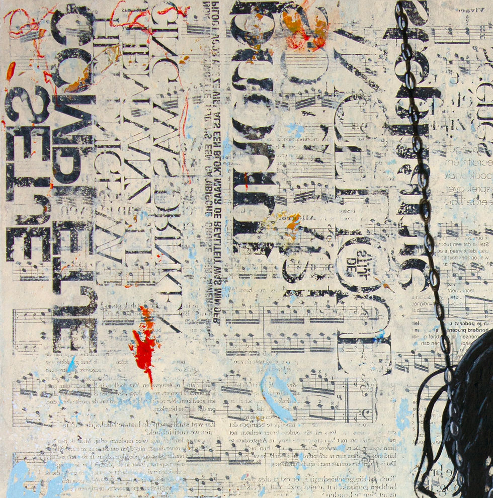 Thumbnail: abstract and street art work with black and red text and tags and musical notes