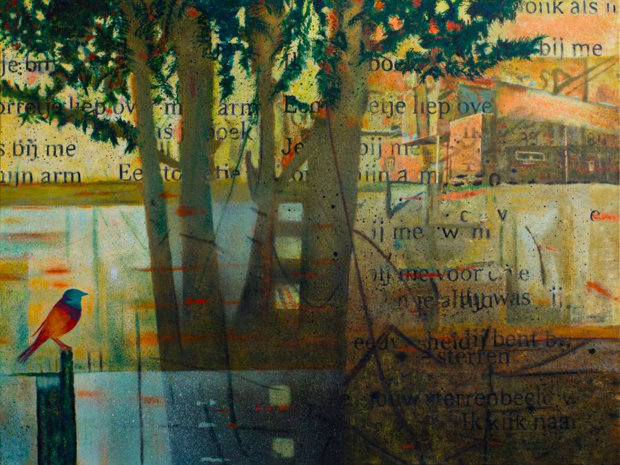 Abstract mixed media landscape with layered poetry text, tall tree, and solitary bird in warm tones of green, ochre, rust, bl