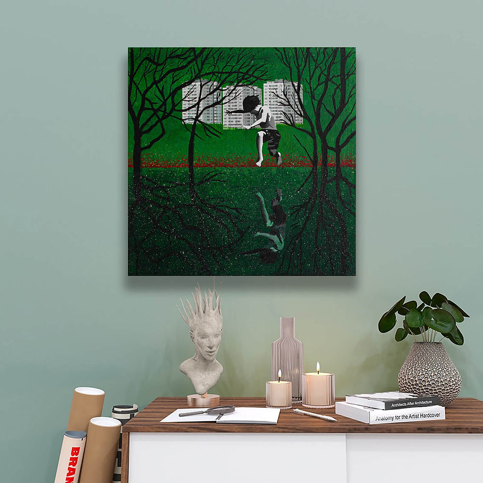 Thumbnail: Square painting on green wall with Monochrome Boy jumping in green water among black trees and white buildings in background