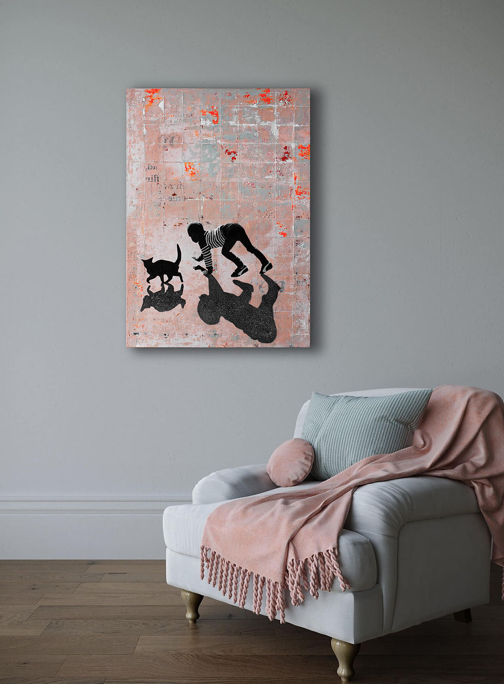 Thumbnail: on grey wall above armchair hangs old pink weathered street art with black silhouette of a boy and black cat