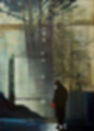 Woman alone in black with red bag walks in darkness towards large tree behind which light shines, creating mist.