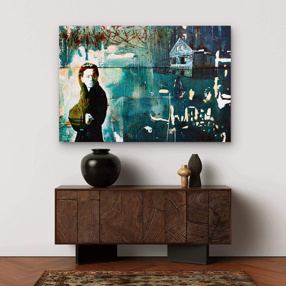 above dark cabinet horizontal dark blue-green art with woman in the foreground and house in the background and white spots