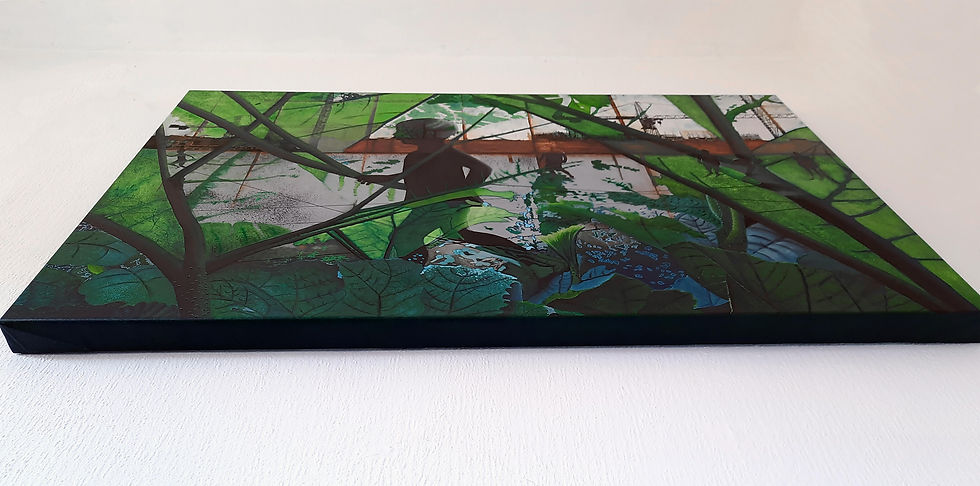Thumbnail: Bottom side of artwork with black silhouette child playing behind transparent leaves with industry in the back