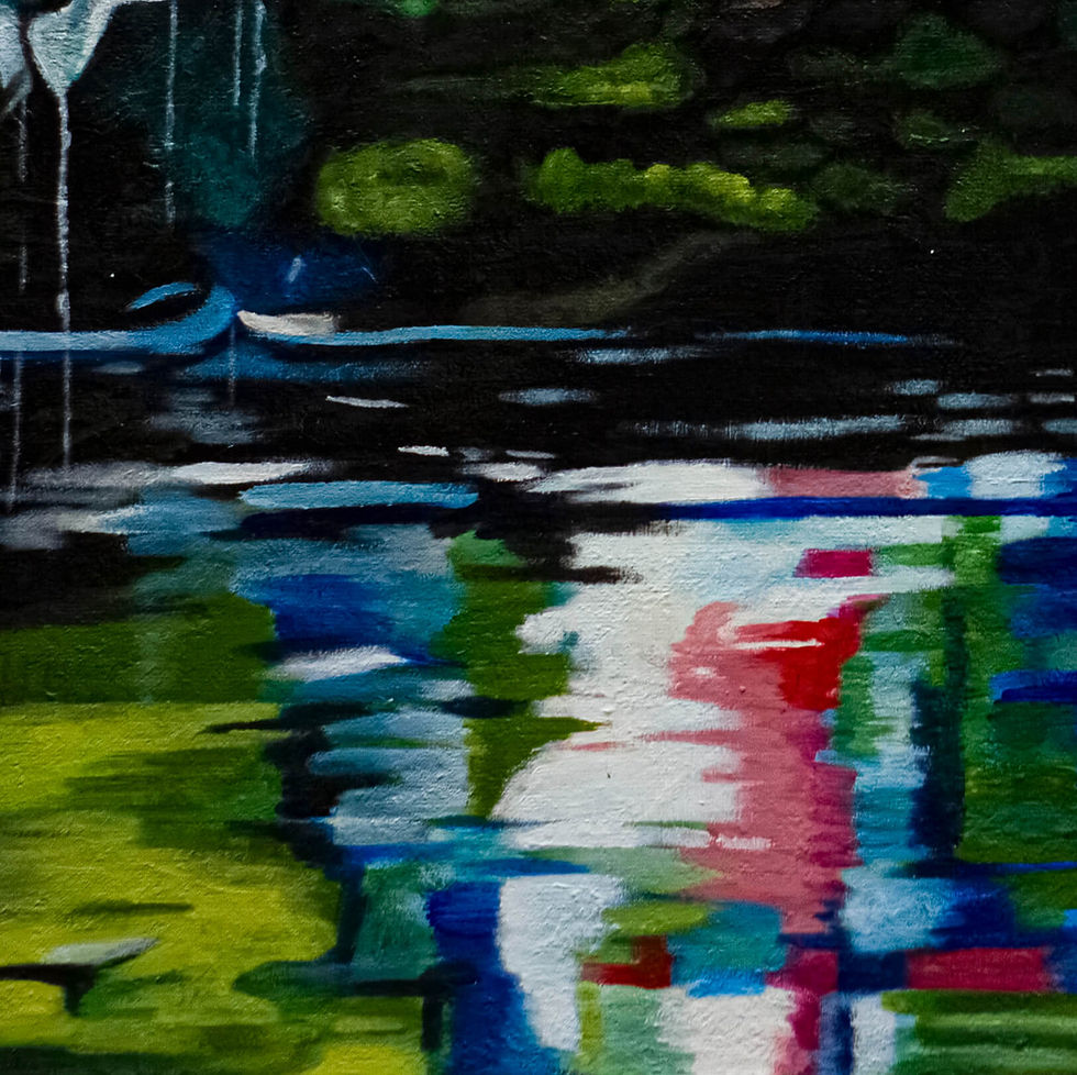 Thumbnail: Painting with reflection of green, blue, pink and white woods in water